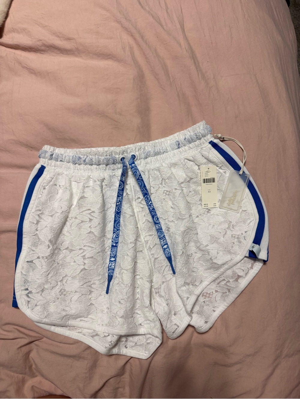 Women's White Lace Athletic Shorts with Blue Trim and Drawstring